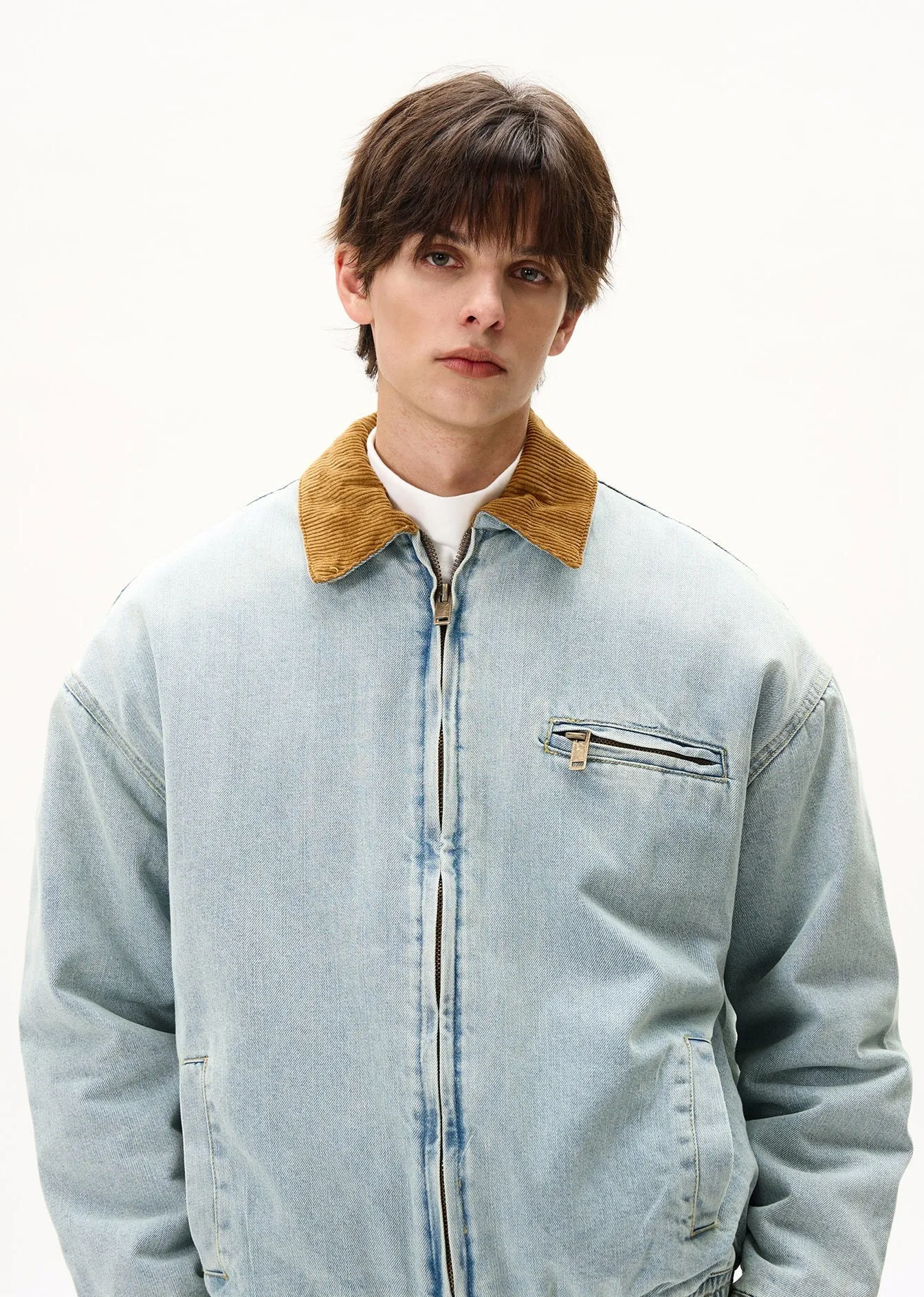 Faded Denim Worker Jacket with Contrast Corduroy Elastic Hem