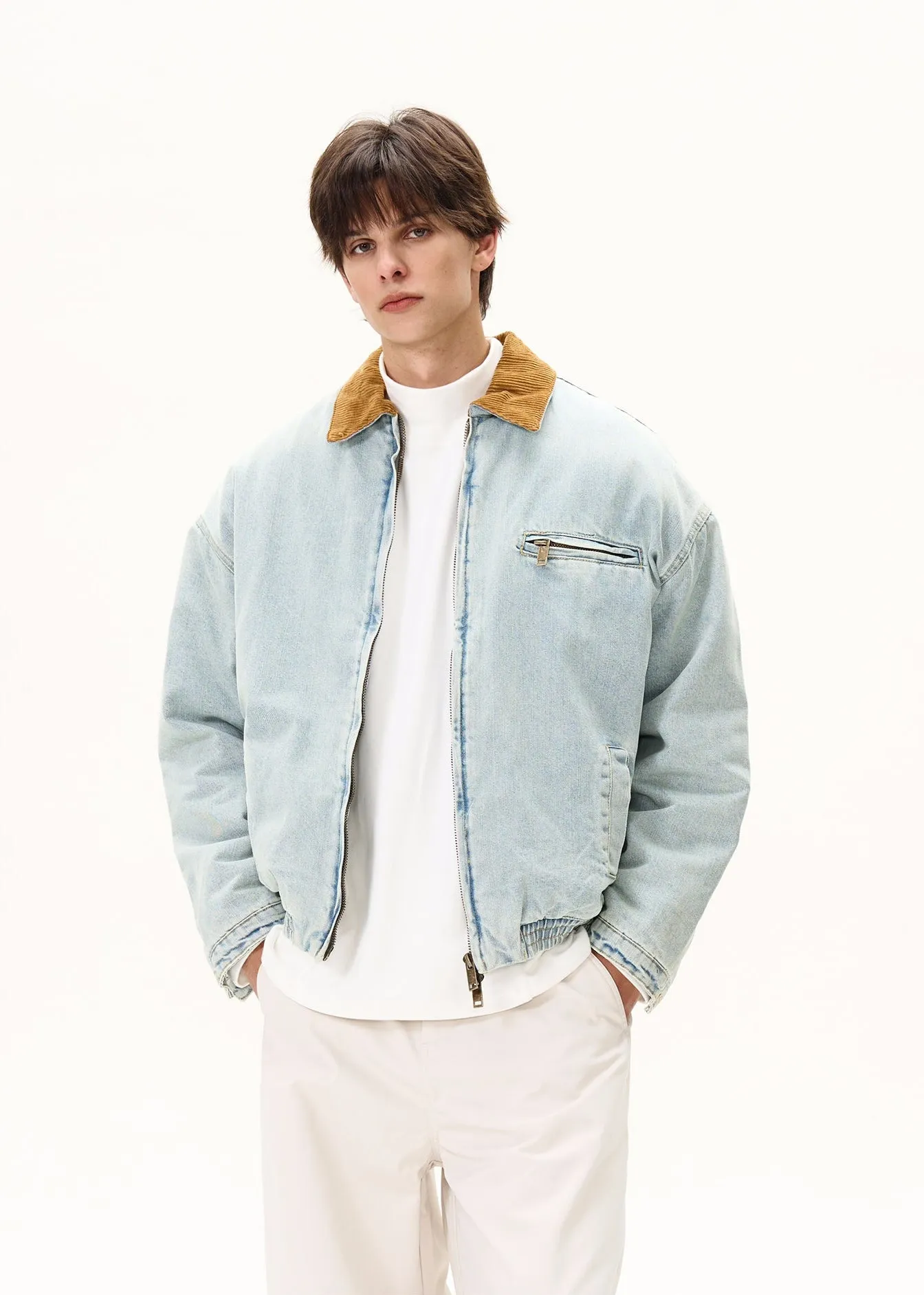 Faded Denim Worker Jacket with Contrast Corduroy Elastic Hem