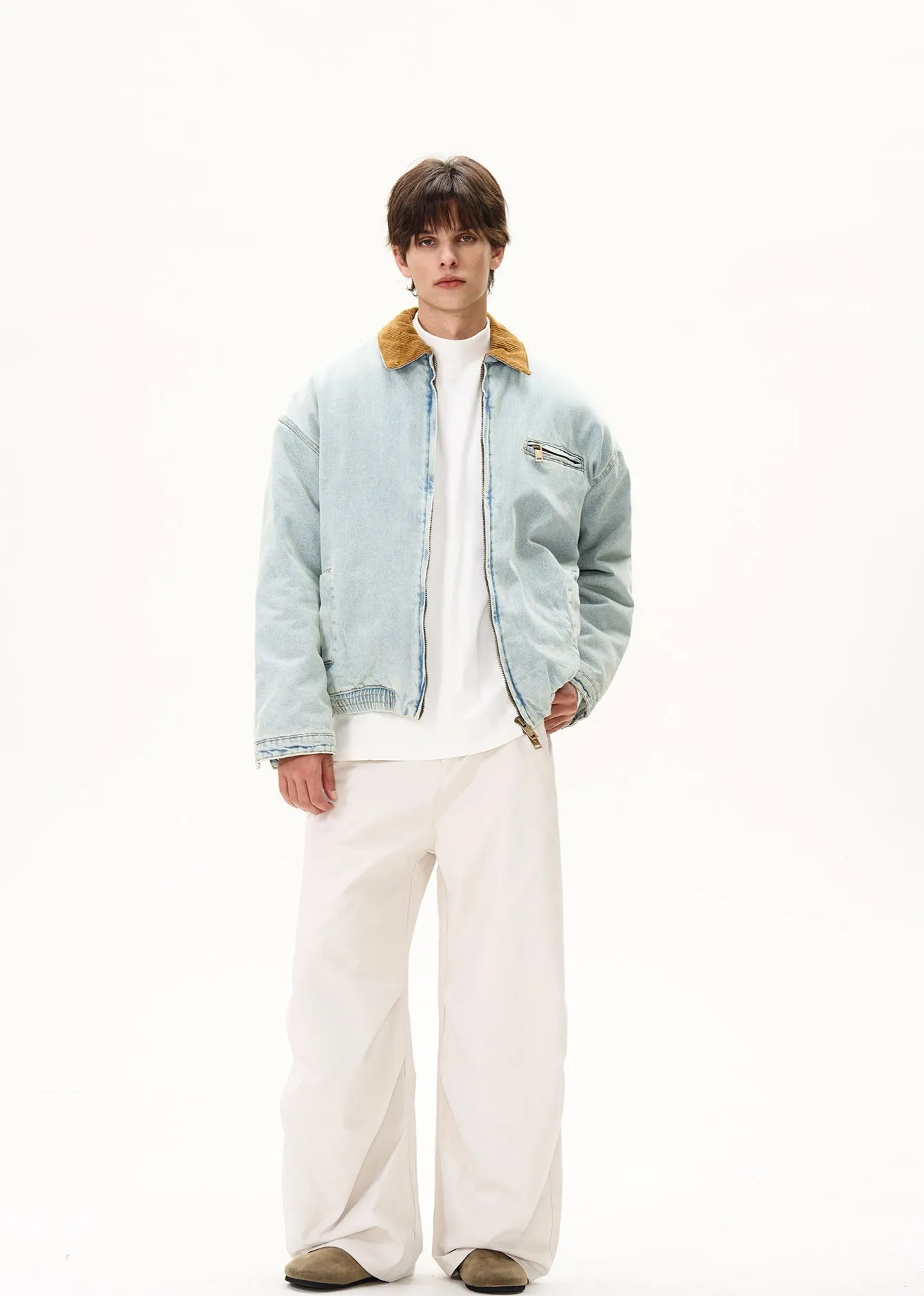Faded Denim Worker Jacket with Contrast Corduroy Elastic Hem