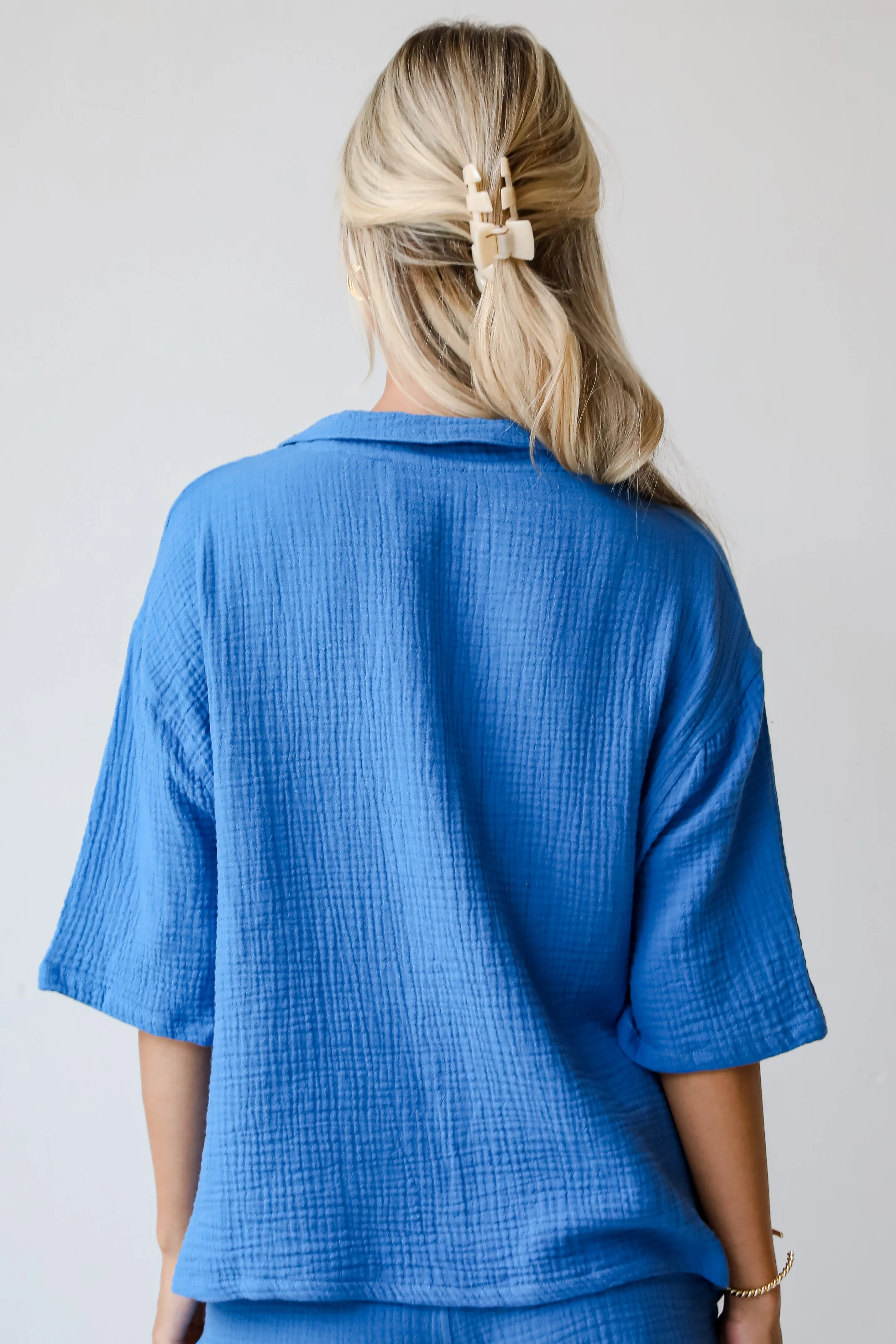 FINAL SALE - Stylish Ease Blue Linen Blouse - DU DEAL