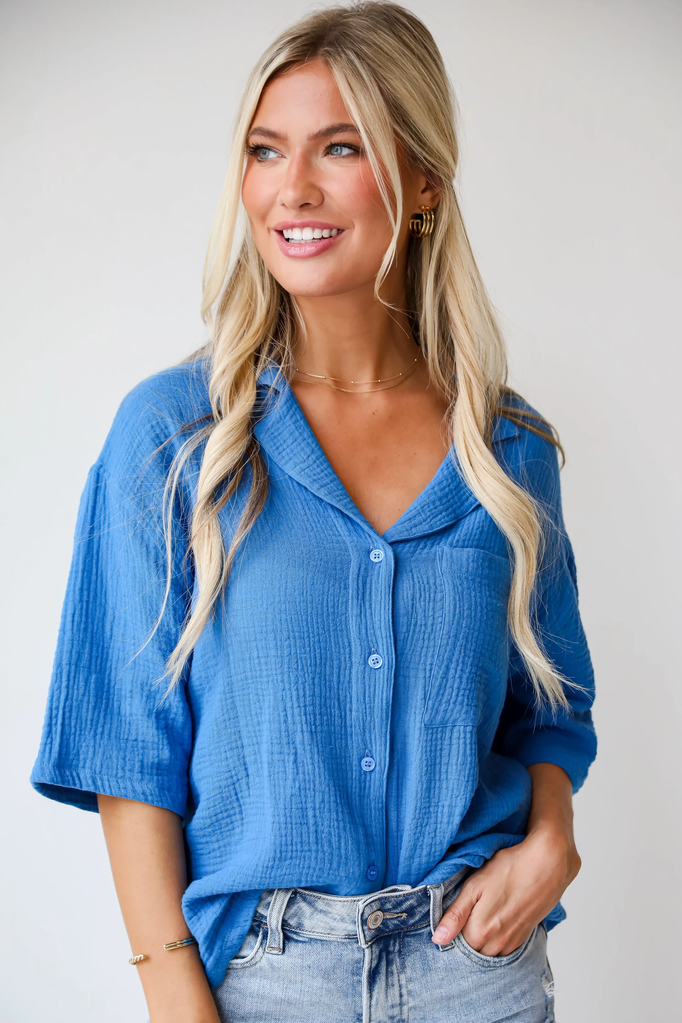 FINAL SALE - Stylish Ease Blue Linen Blouse - DU DEAL