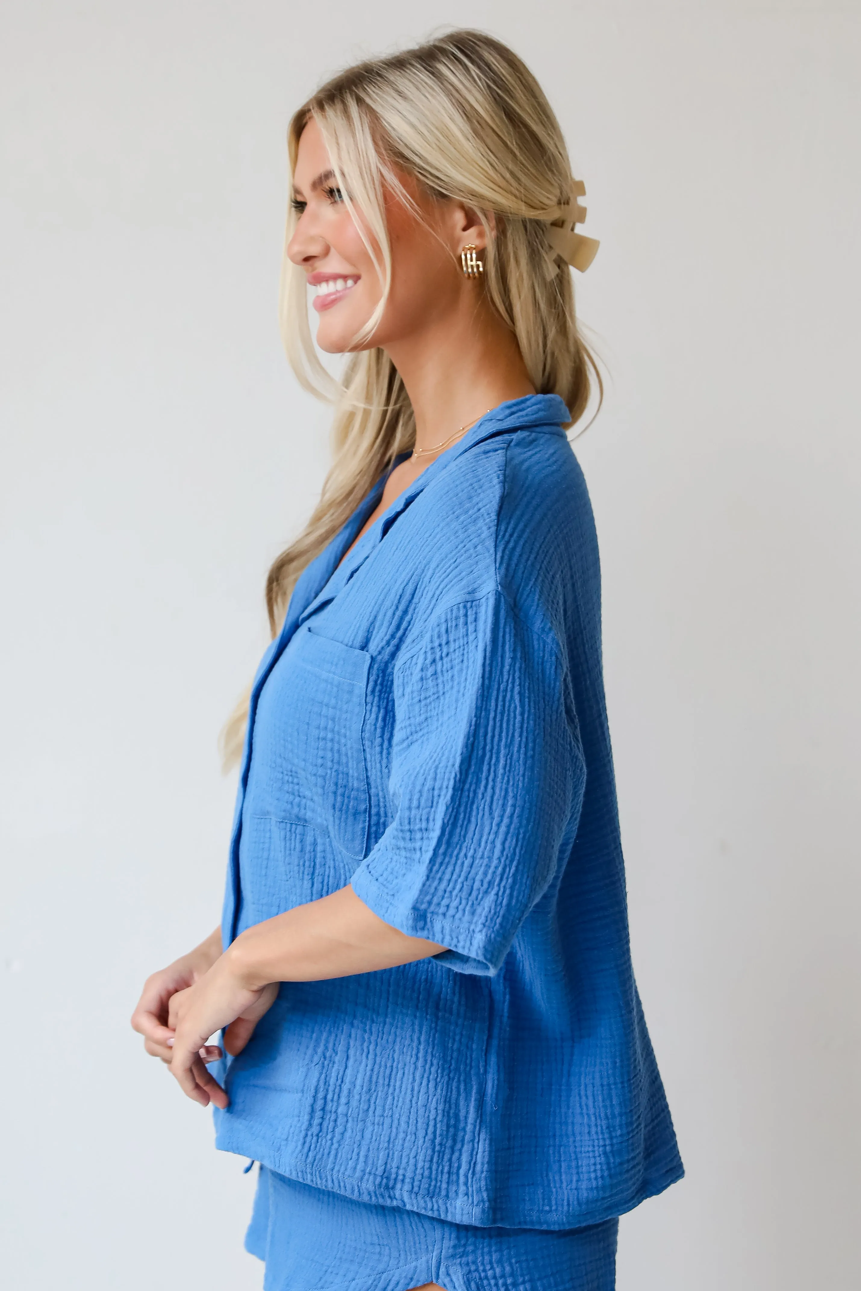 FINAL SALE - Stylish Ease Blue Linen Blouse - DU DEAL