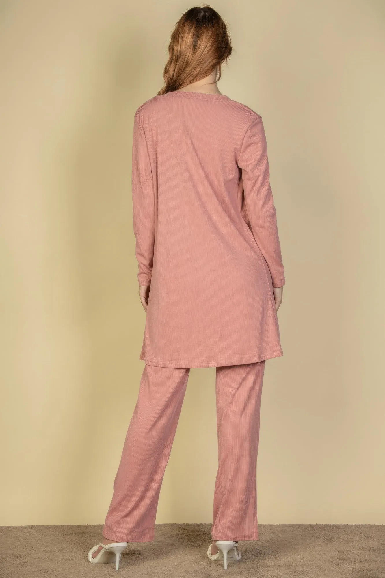 Flat Back Rib 3 Pieces Cami Top With Pants And Long Cardigan Set
