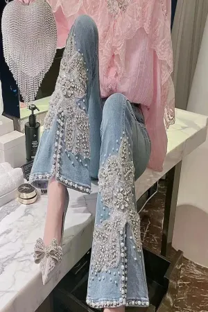 Floral Embroidery Beaded Flared Slit Pants