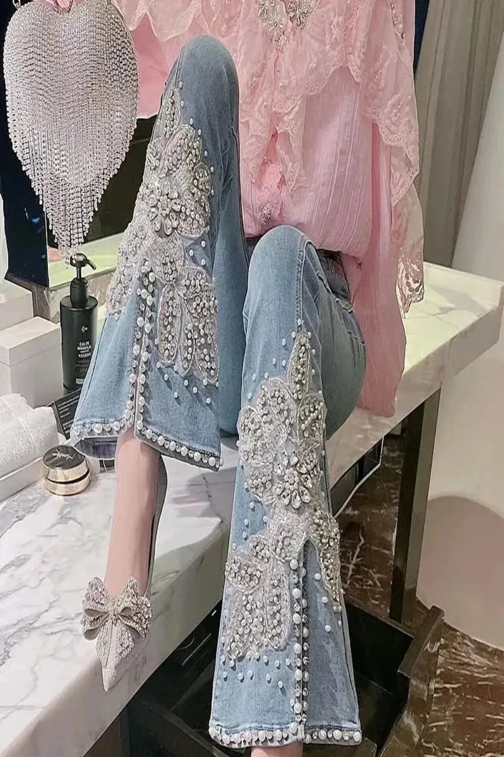 Floral Embroidery Beaded Flared Slit Pants