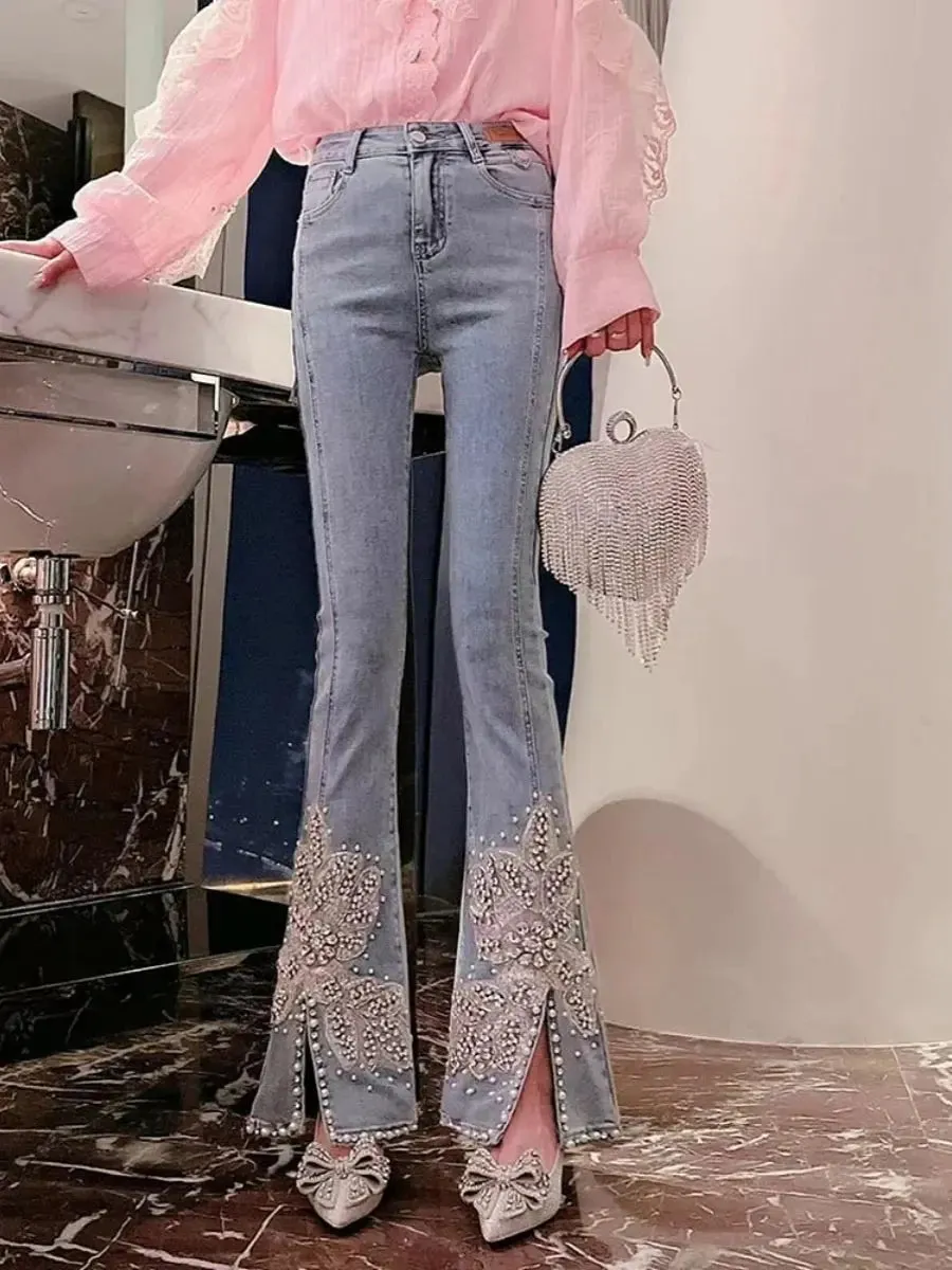 Floral Embroidery Beaded Flared Slit Pants