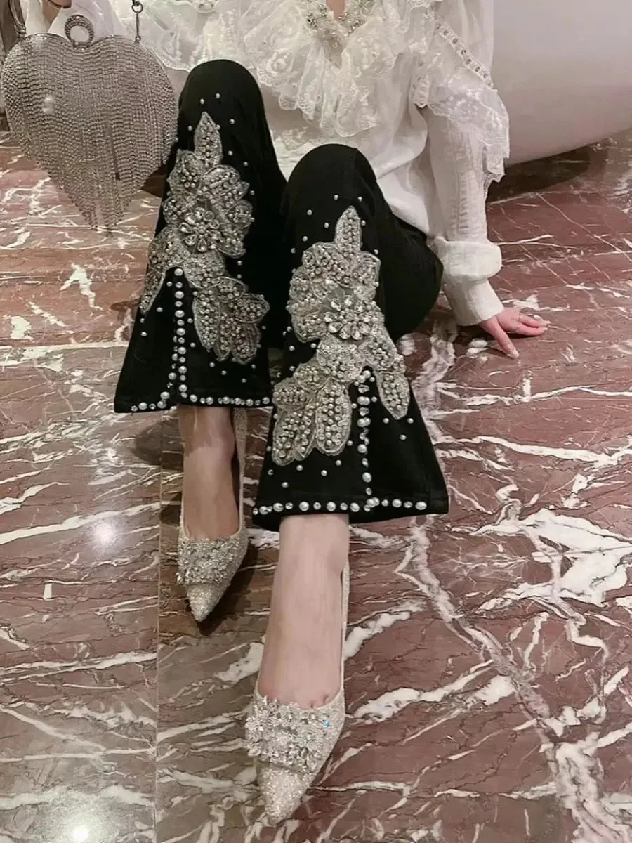 Floral Embroidery Beaded Flared Slit Pants