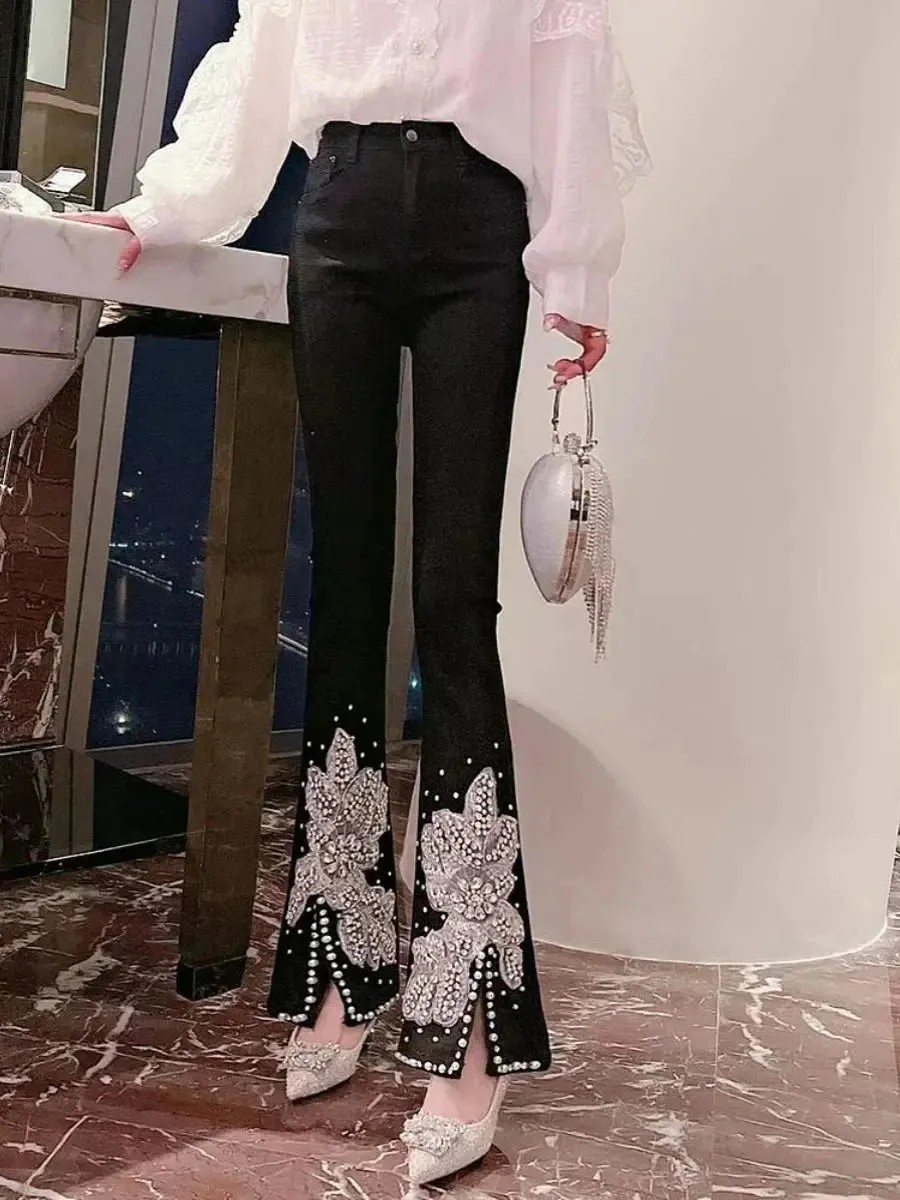 Floral Embroidery Beaded Flared Slit Pants