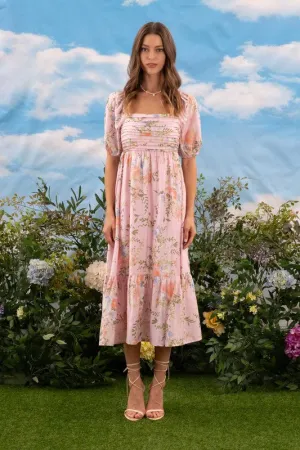 FLORAL PLEATED FRONT BALLOON SLEEVE MIDI DRESS