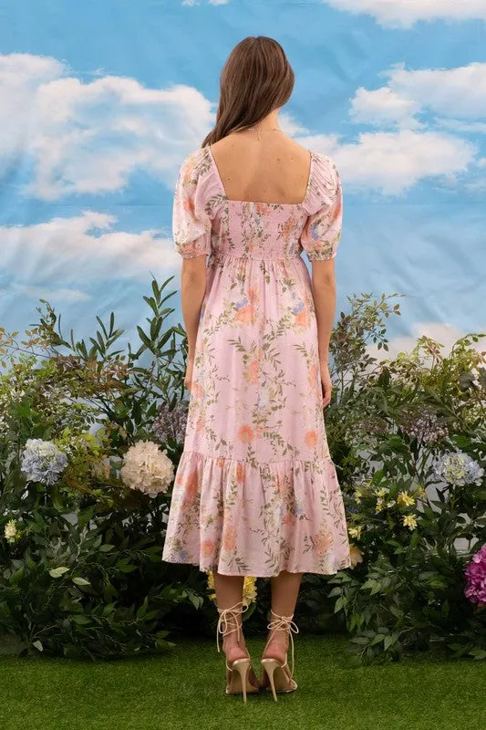 FLORAL PLEATED FRONT BALLOON SLEEVE MIDI DRESS