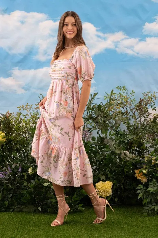 FLORAL PLEATED FRONT BALLOON SLEEVE MIDI DRESS