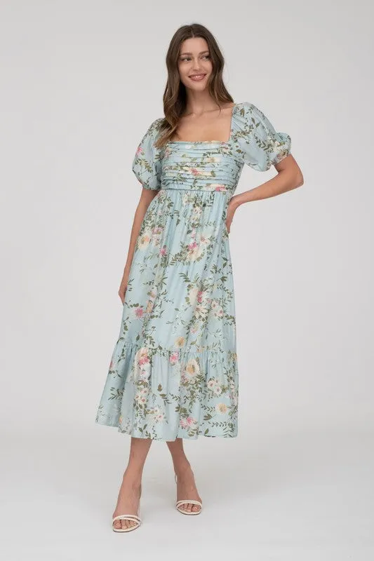 FLORAL PLEATED FRONT BALLOON SLEEVE MIDI DRESS