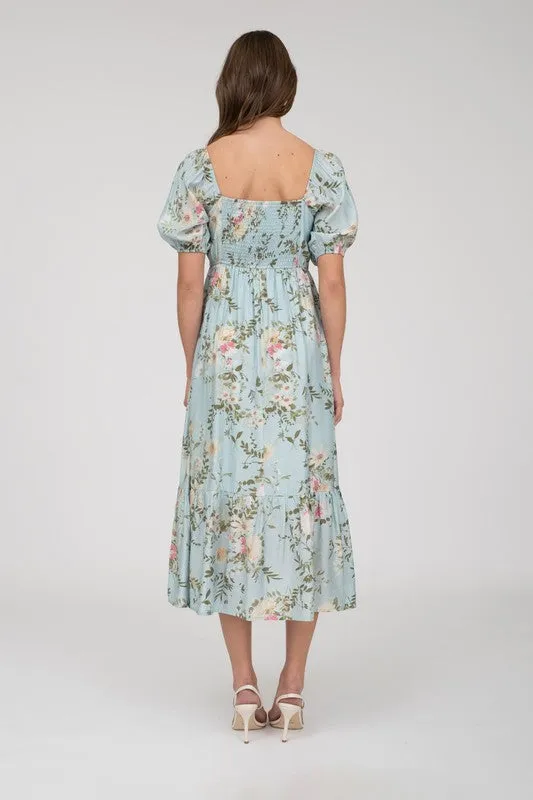 FLORAL PLEATED FRONT BALLOON SLEEVE MIDI DRESS