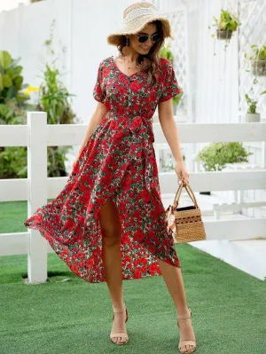 Floral Print Belted Asymmetrical Hem Dress