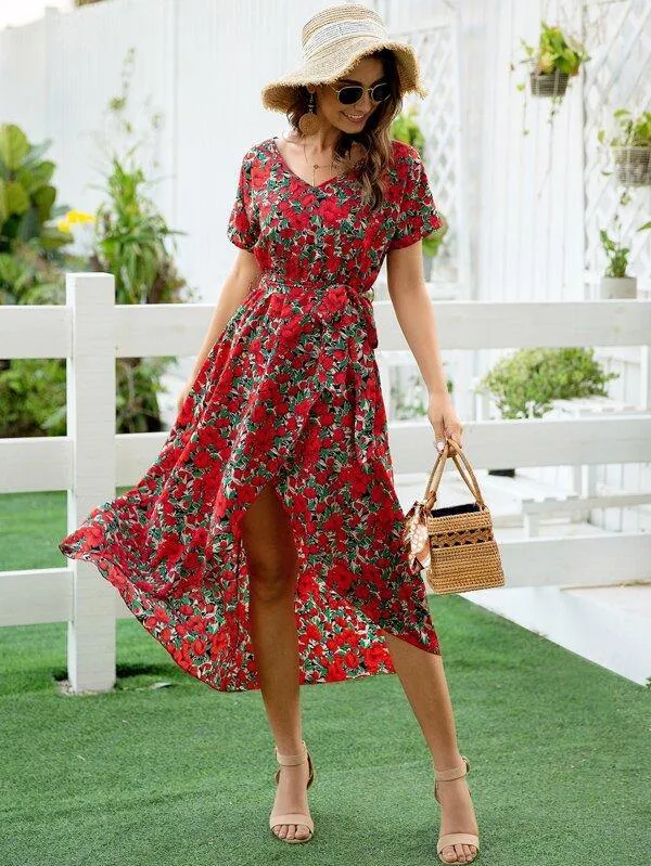 Floral Print Belted Asymmetrical Hem Dress
