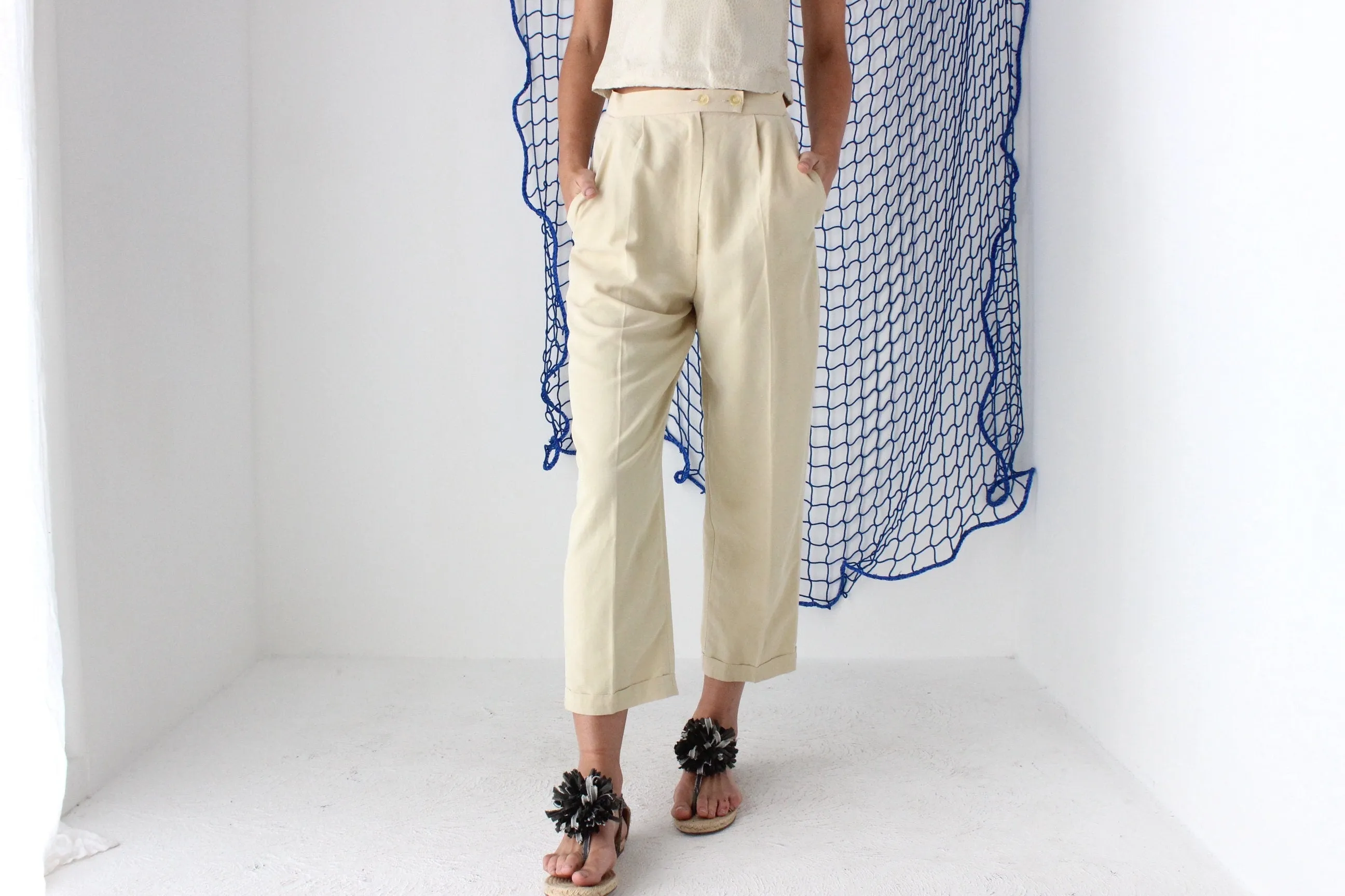 FOUND IN GREECE 90s Cream Crepe Cropped Trousers