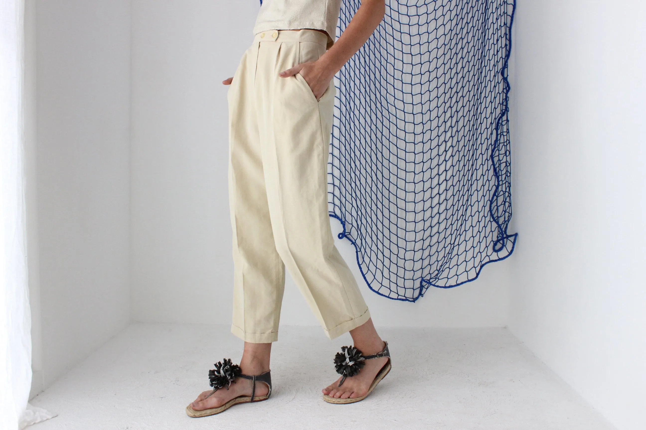 FOUND IN GREECE 90s Cream Crepe Cropped Trousers
