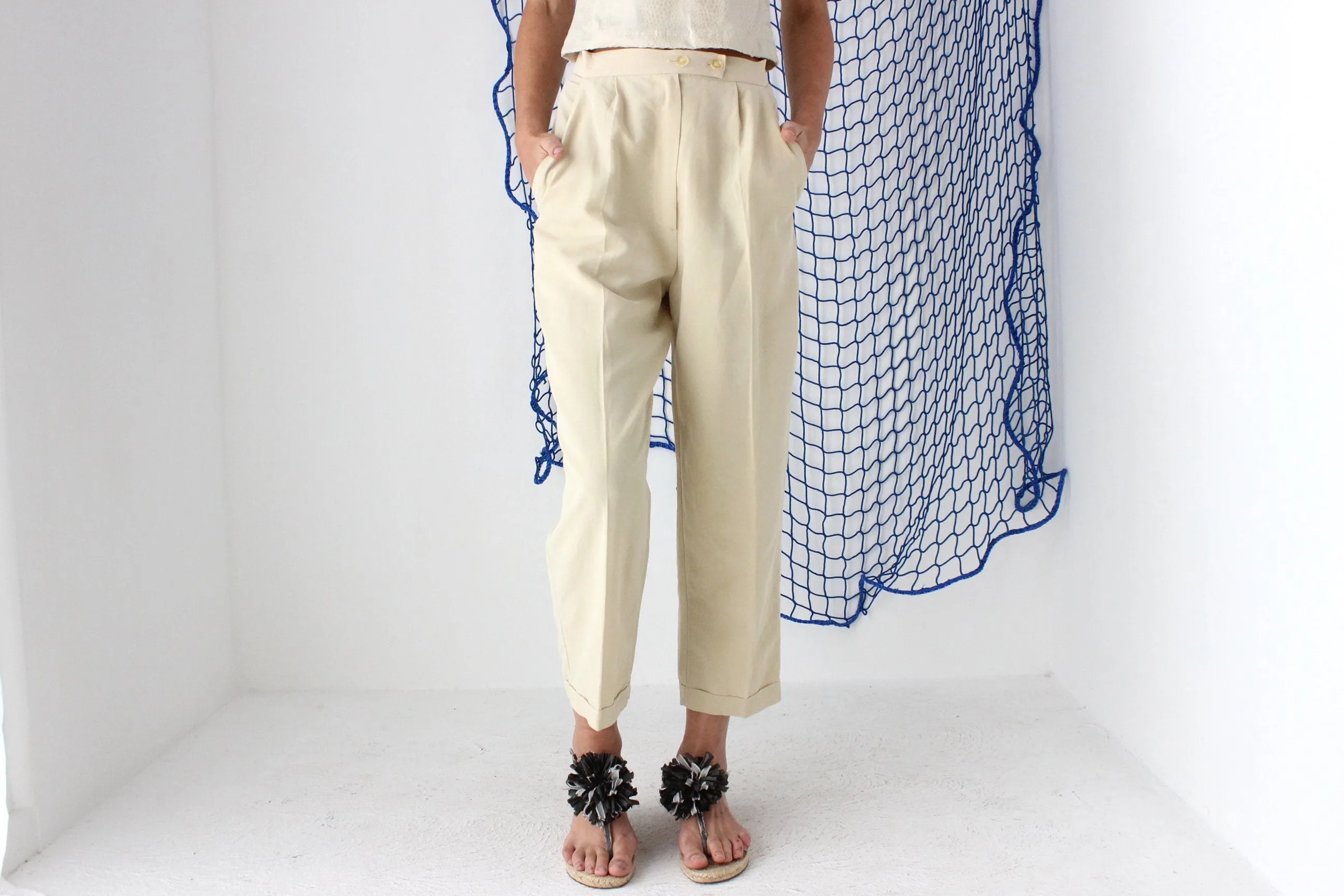 FOUND IN GREECE 90s Cream Crepe Cropped Trousers