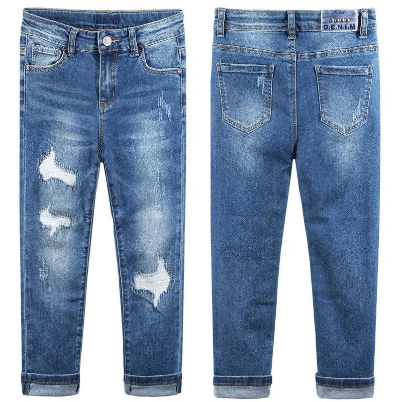Girls Boys Ripped Holes Elastic Band Slim Jeans 9-11T