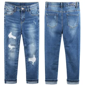 Girls Boys Ripped Holes Elastic Band Slim Jeans 9-11T