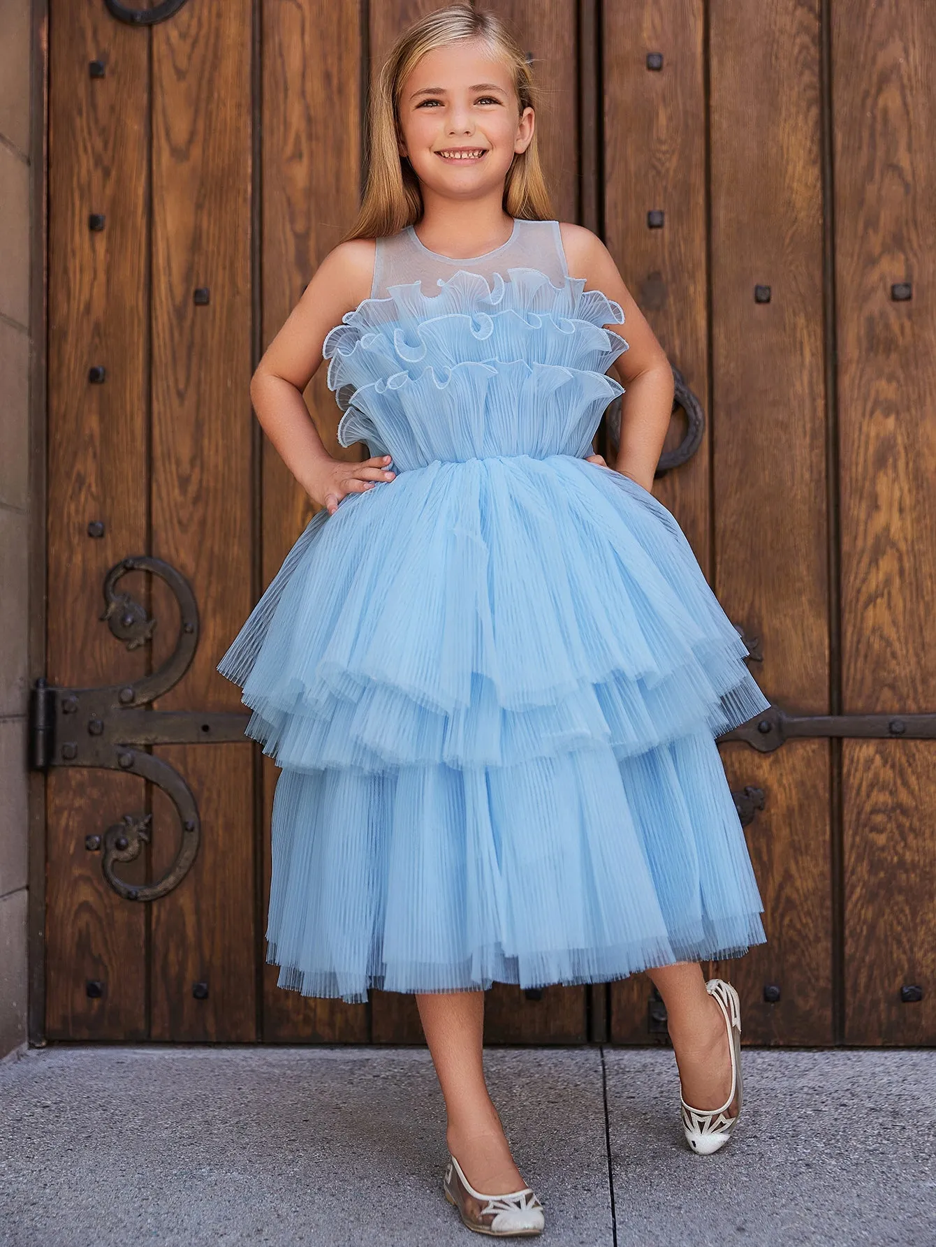 Girls' Ruffle Trim Tiered Hem Cake Dress