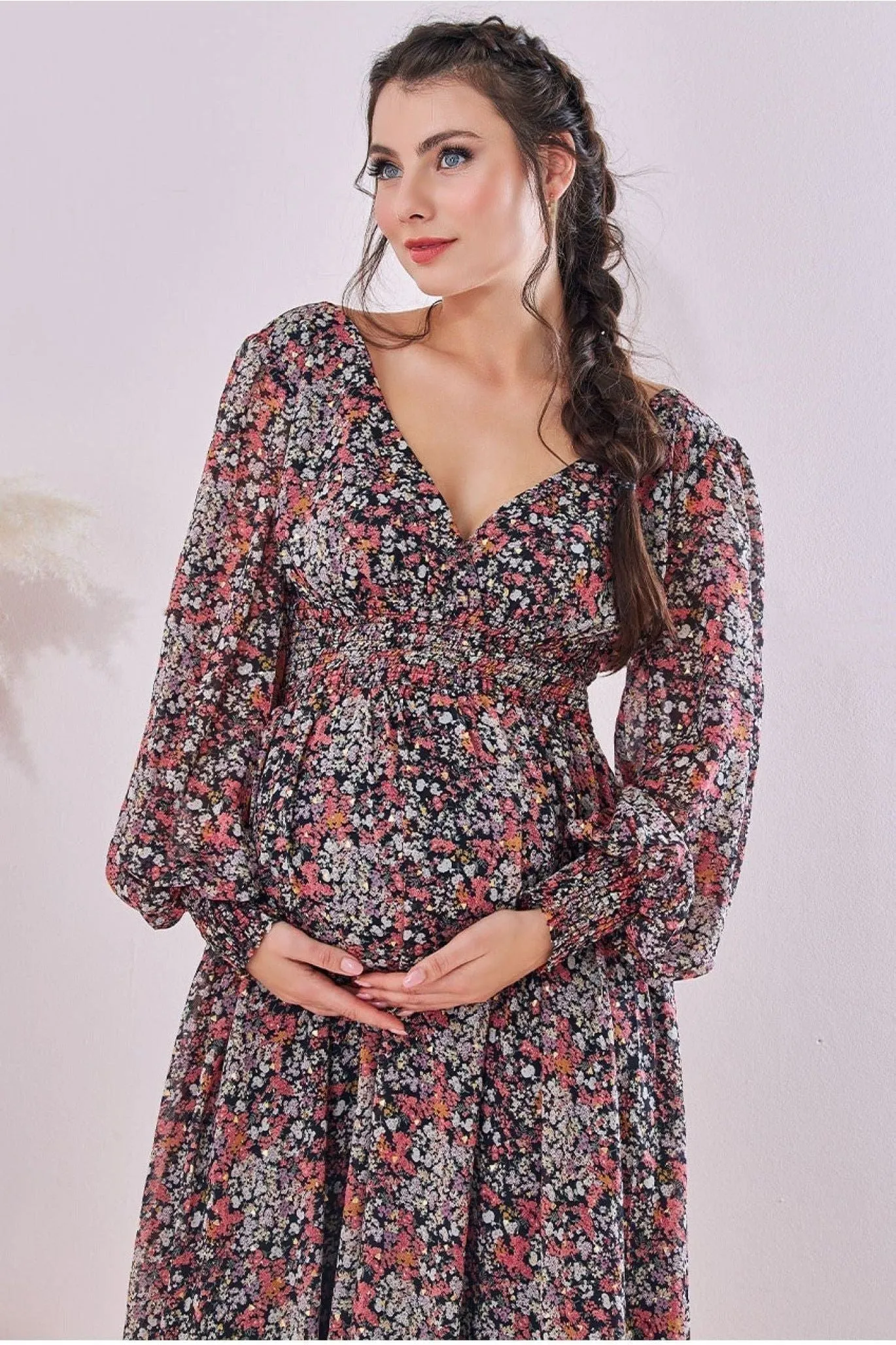 Goddiva Maternity Long Sleeve Maxi Floral Print
