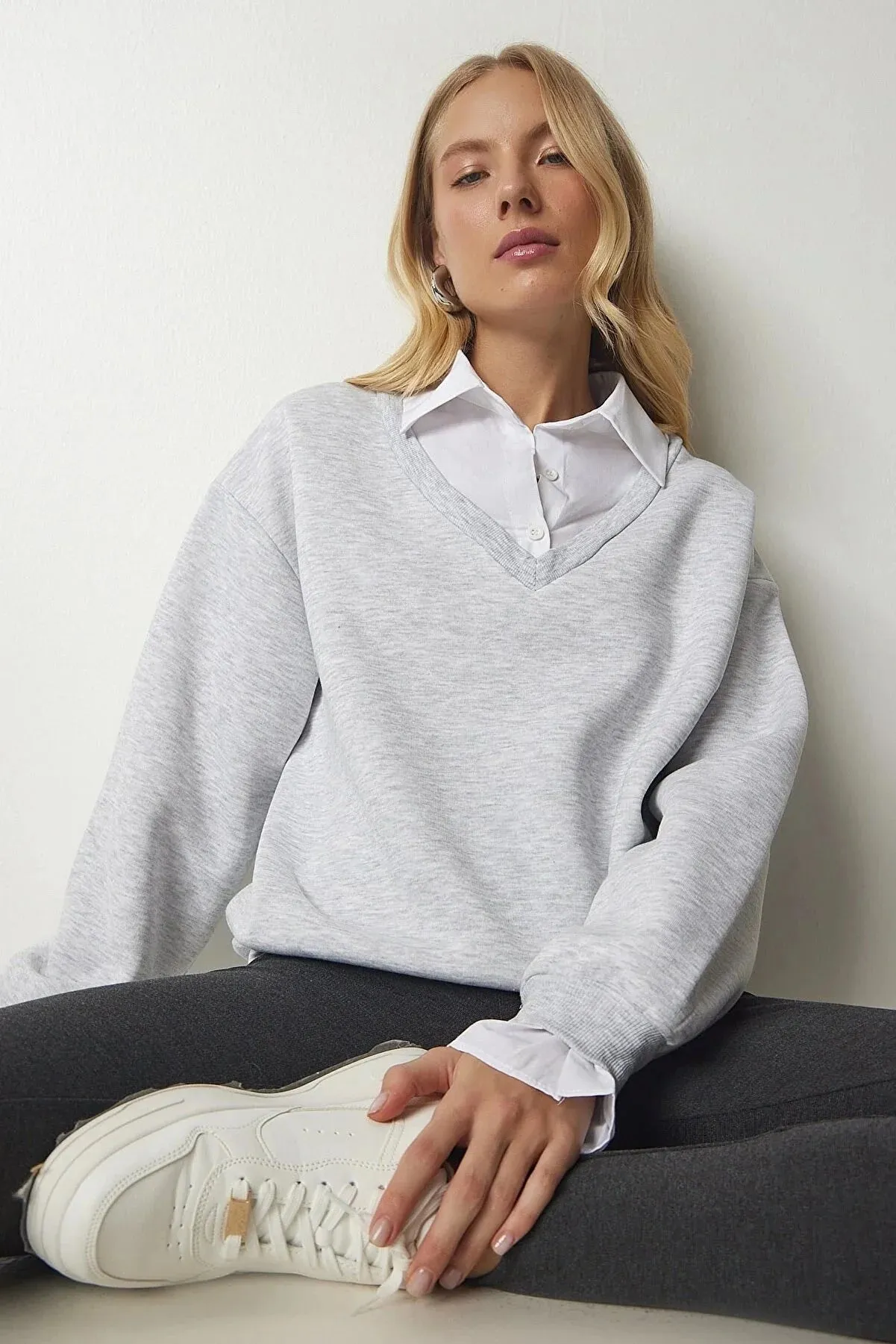 Gray Shirt Detailed Knitted Sweatshirt