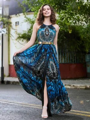 Halter Floral Chiffon Maxi Dress with Gold Sash