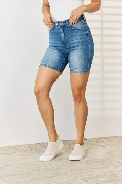 Hazel Blues® |  Judy Blue Tummy Control Double Button Bermuda Denim Shorts