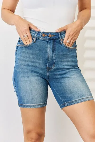 Hazel Blues® |  Judy Blue Tummy Control Double Button Bermuda Denim Shorts