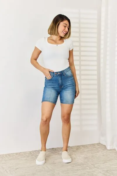 Hazel Blues® |  Judy Blue Tummy Control Double Button Bermuda Denim Shorts