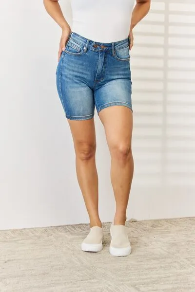 Hazel Blues® |  Judy Blue Tummy Control Double Button Bermuda Denim Shorts