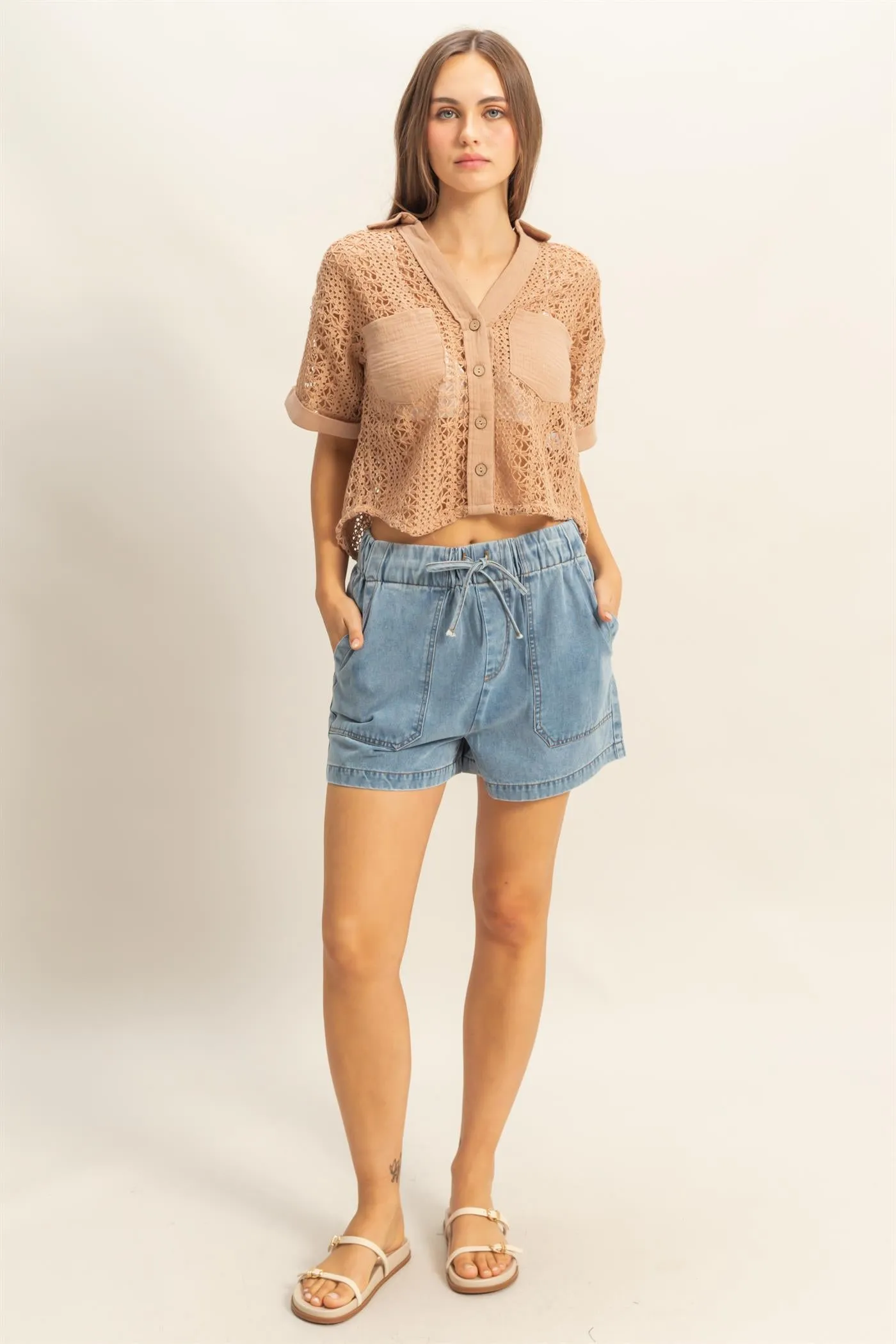 HF24C775-Enzyme Wash Denim Shorts