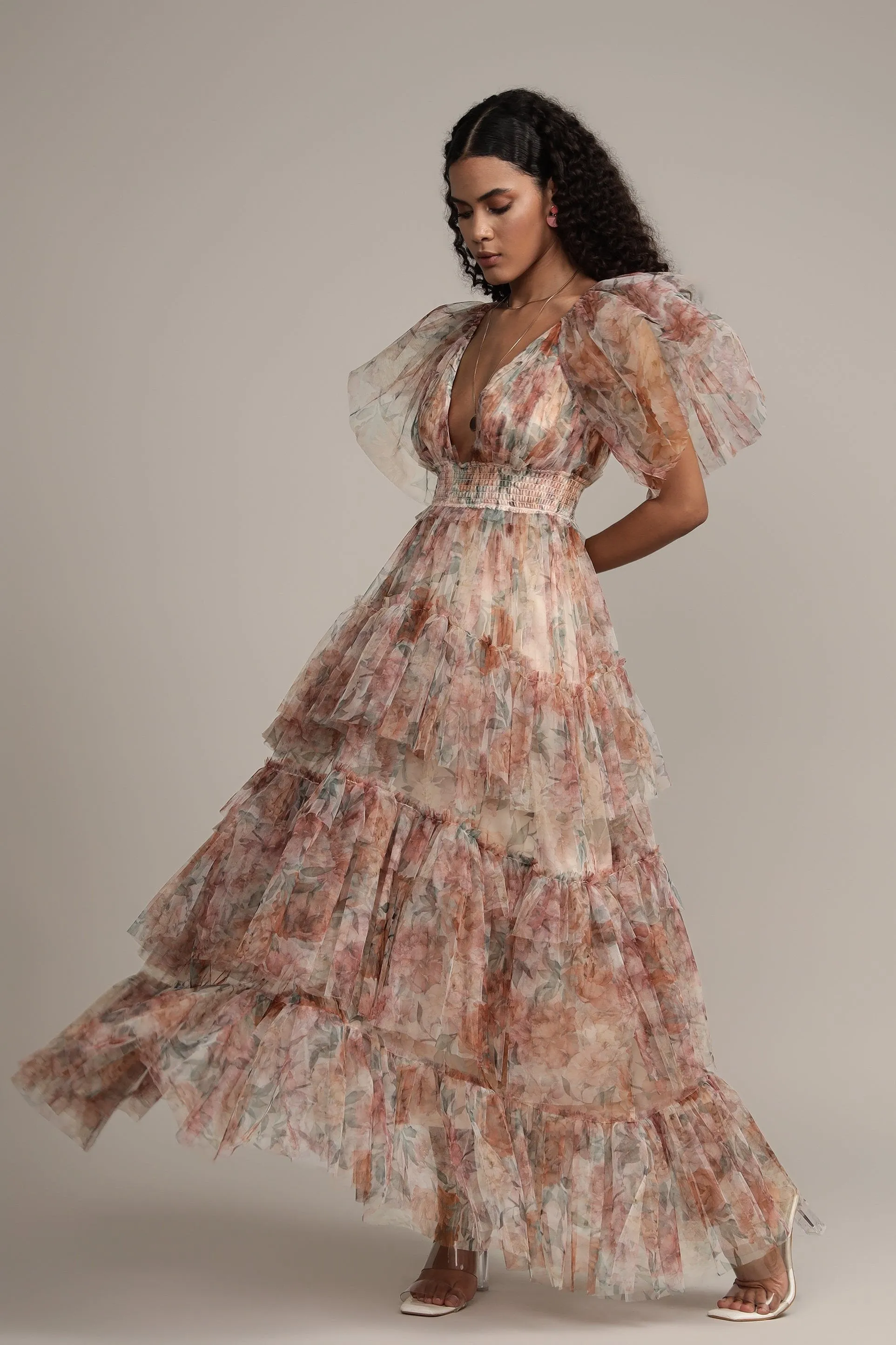 Jasmine Maxi Dress in Brown Floral Print