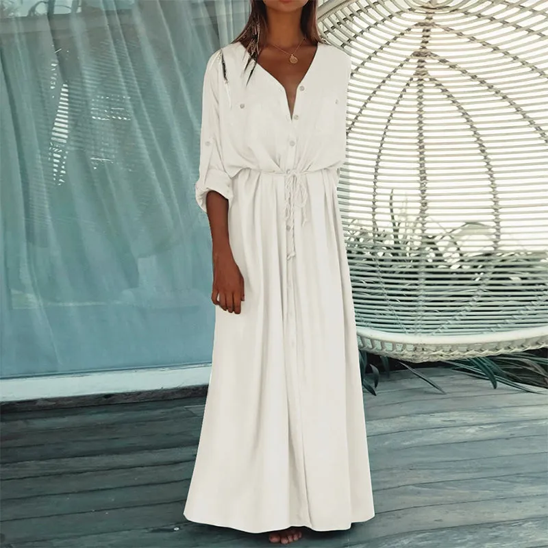 JuliaFashion - 2024 Women Casual V-Neck Long Button-Up Beach Tunic Maxi Sundress