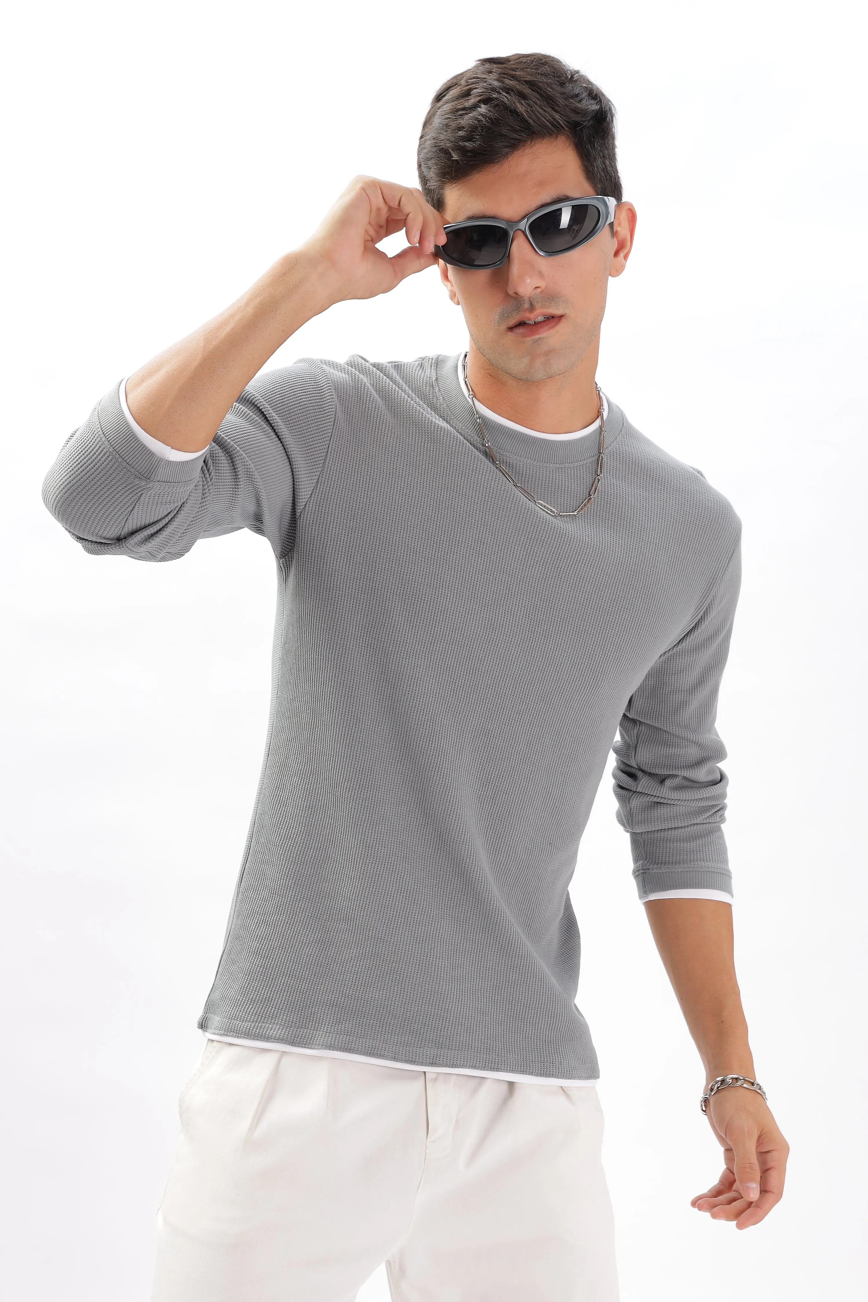 Knitted Full Sleeve T-Shirt: Gray