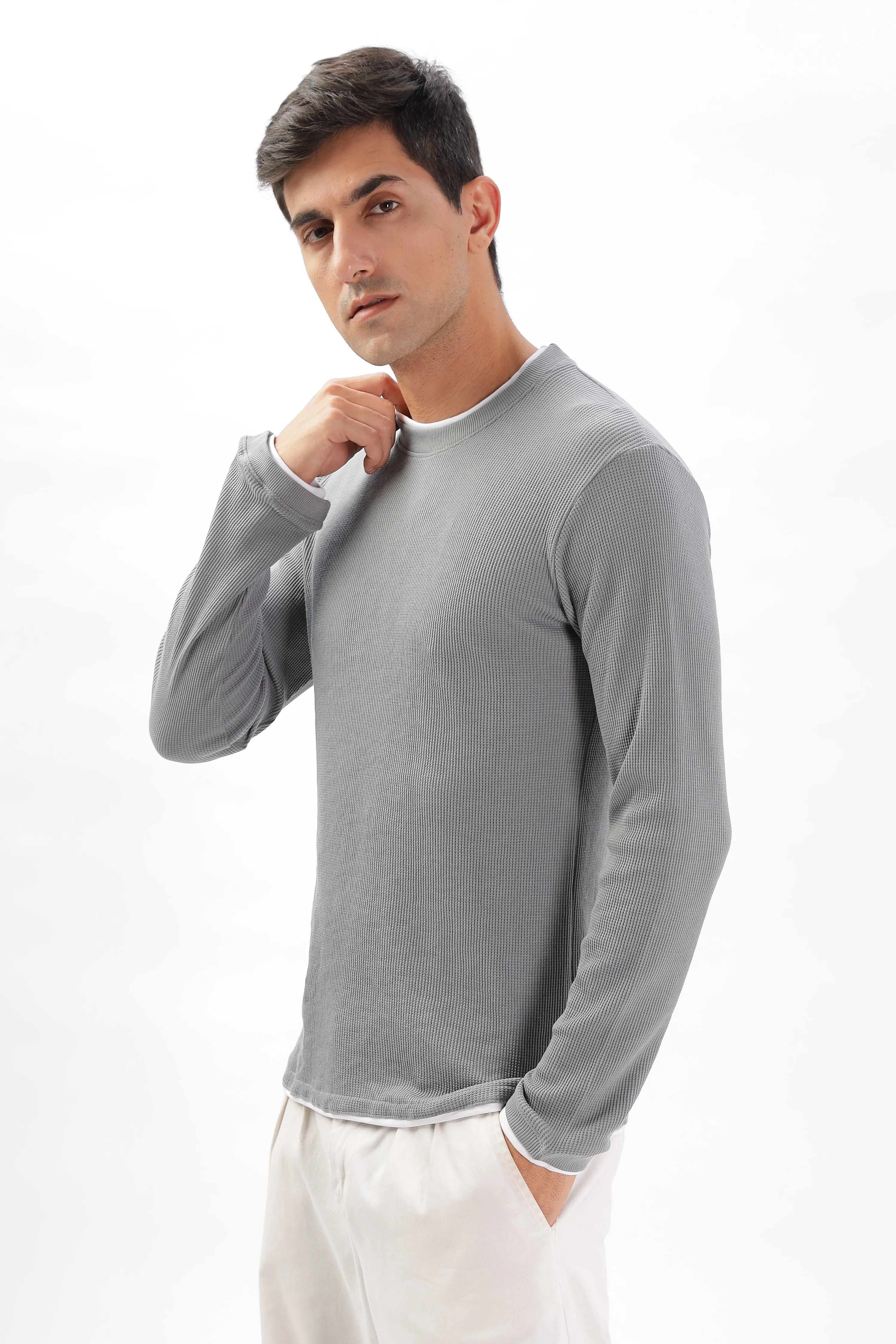 Knitted Full Sleeve T-Shirt: Gray