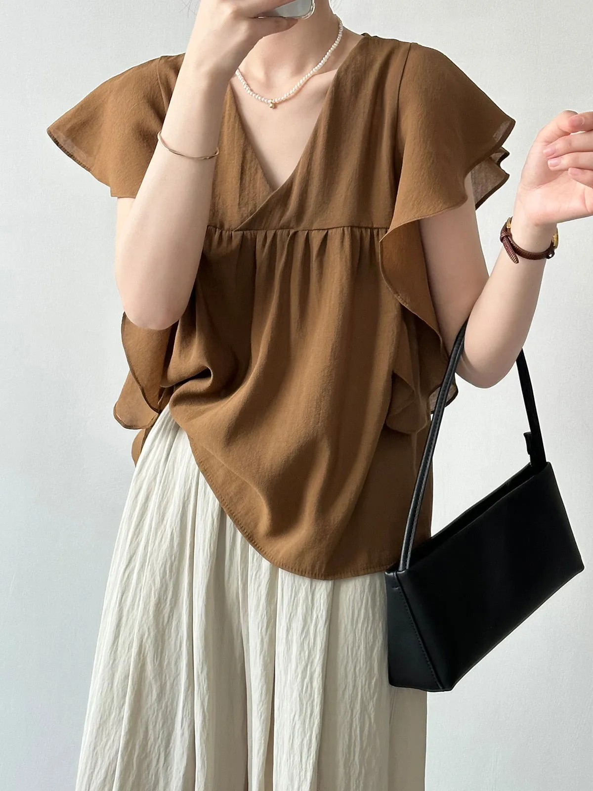 [Korean Style] Brown V-neck Ruffled Blouse