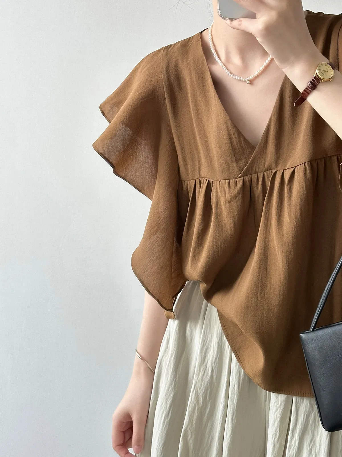 [Korean Style] Brown V-neck Ruffled Blouse