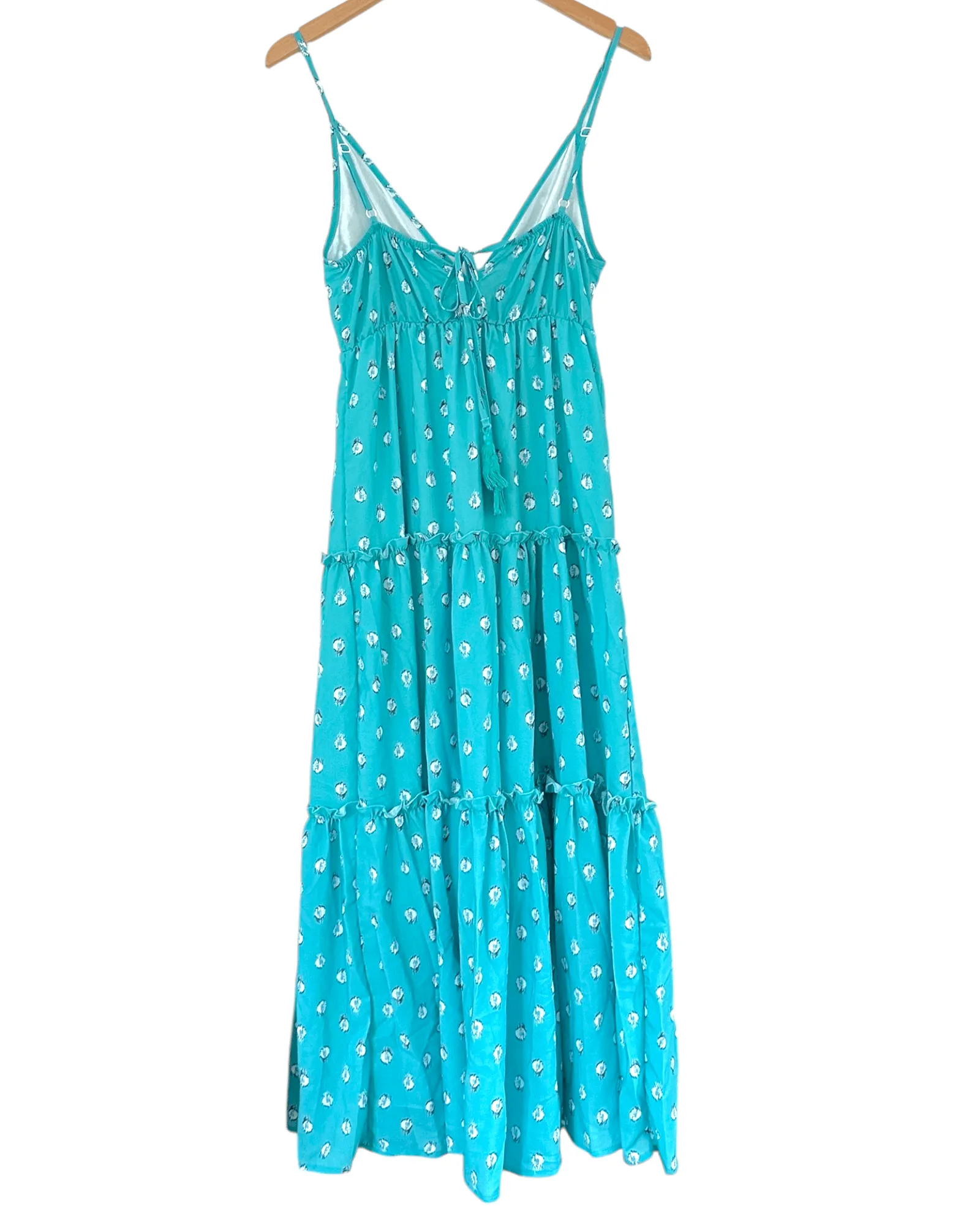 Light Summer Ikat Frill Trim Tassel Tie Back Maxi Dress