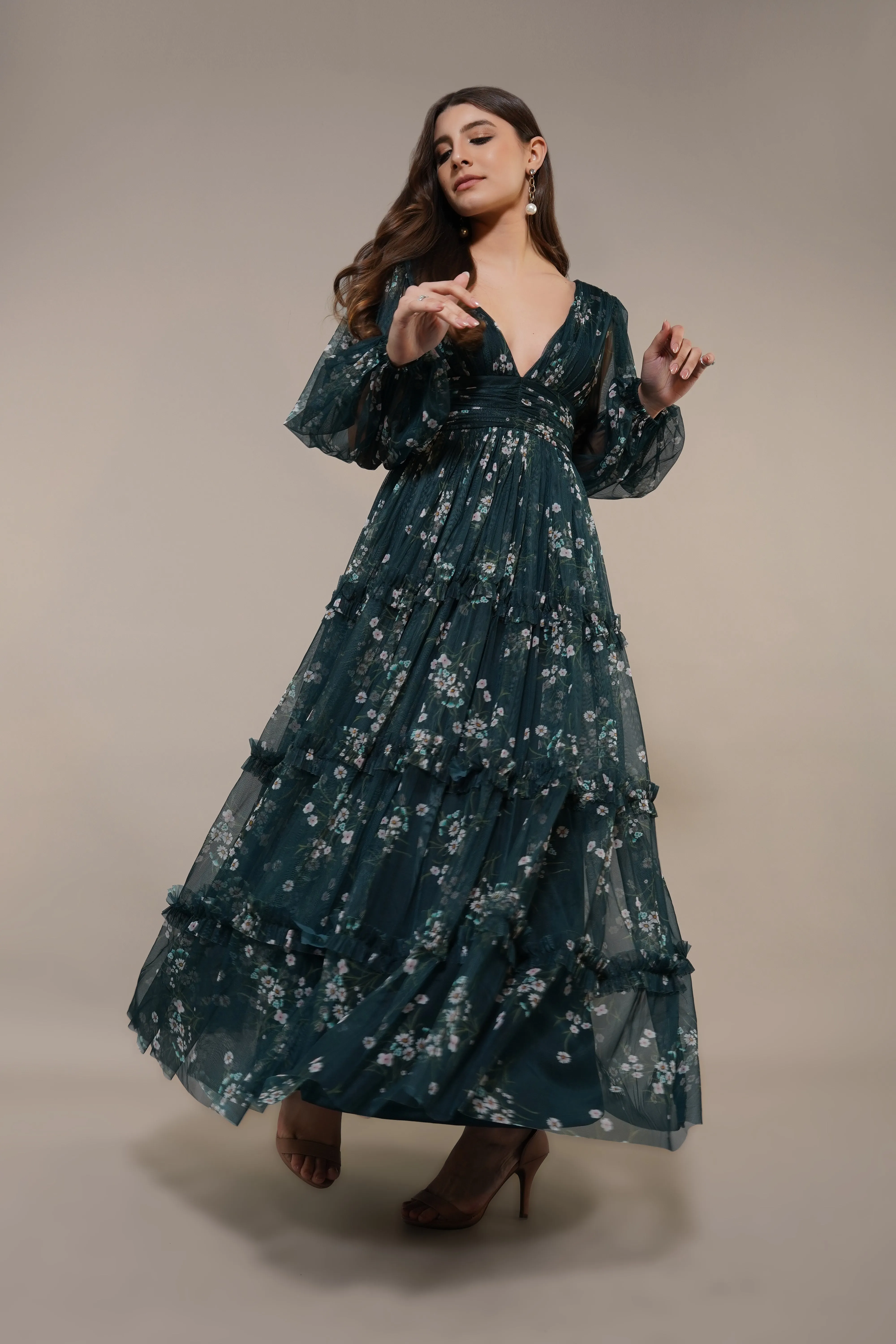 Lydia Maxi Dress in Emerald Floral