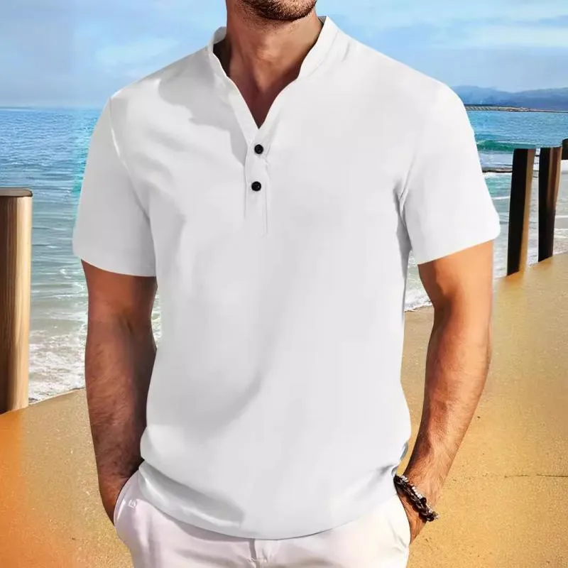 Men's Casual Cotton Linen Blend Henley Collar Short Sleeve Shirt 24699260M