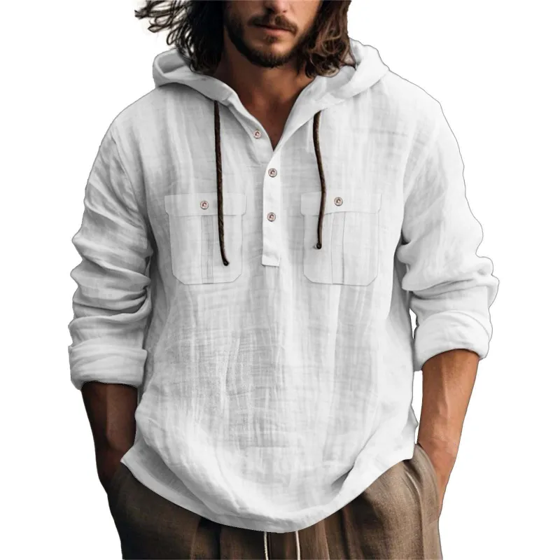 Men's Casual Cotton Linen Chest Pocket Loose Hoodie 39860824M
