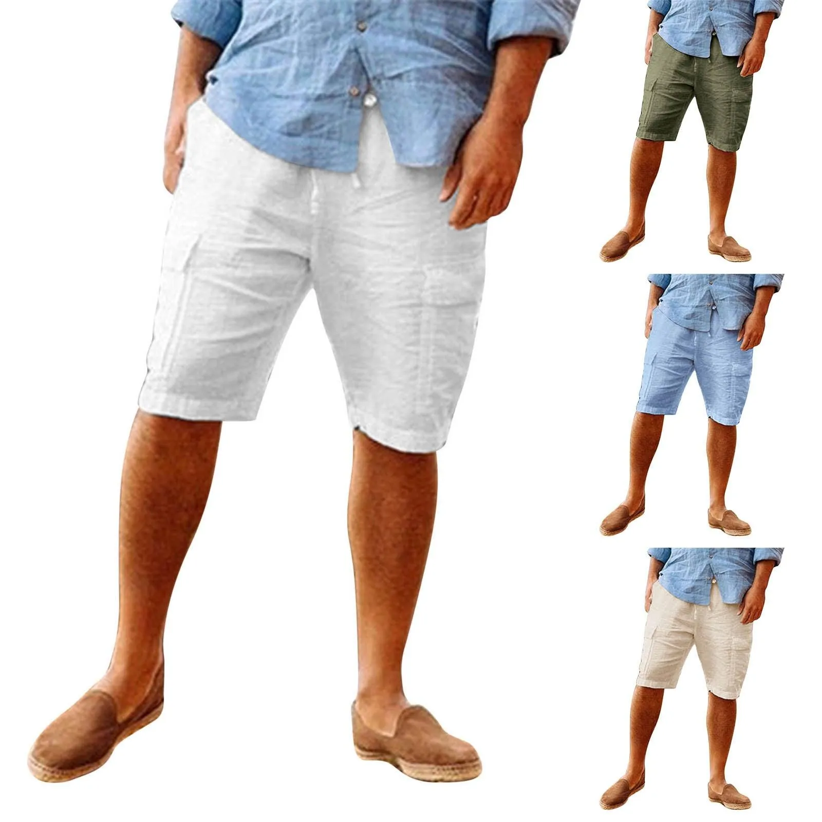 Men's Casual Hawaiian Cotton Linen Multi-Pocket Shorts