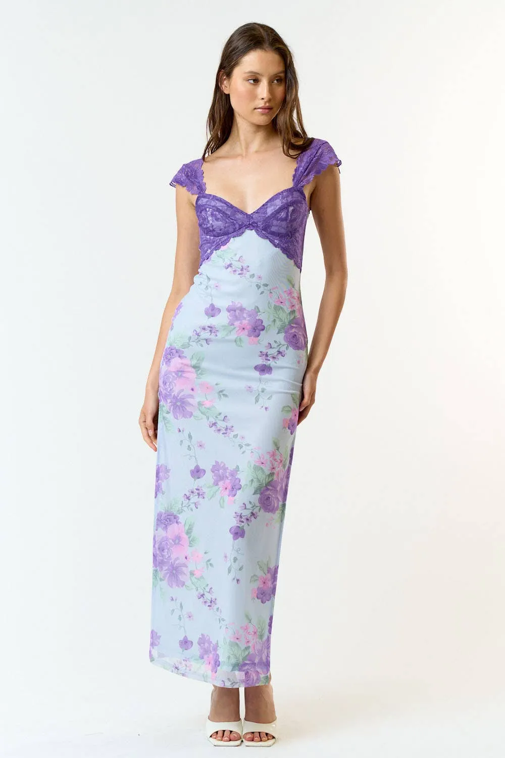 Mesh Floral  Print Lace Detail Side Slit Maxi Dress