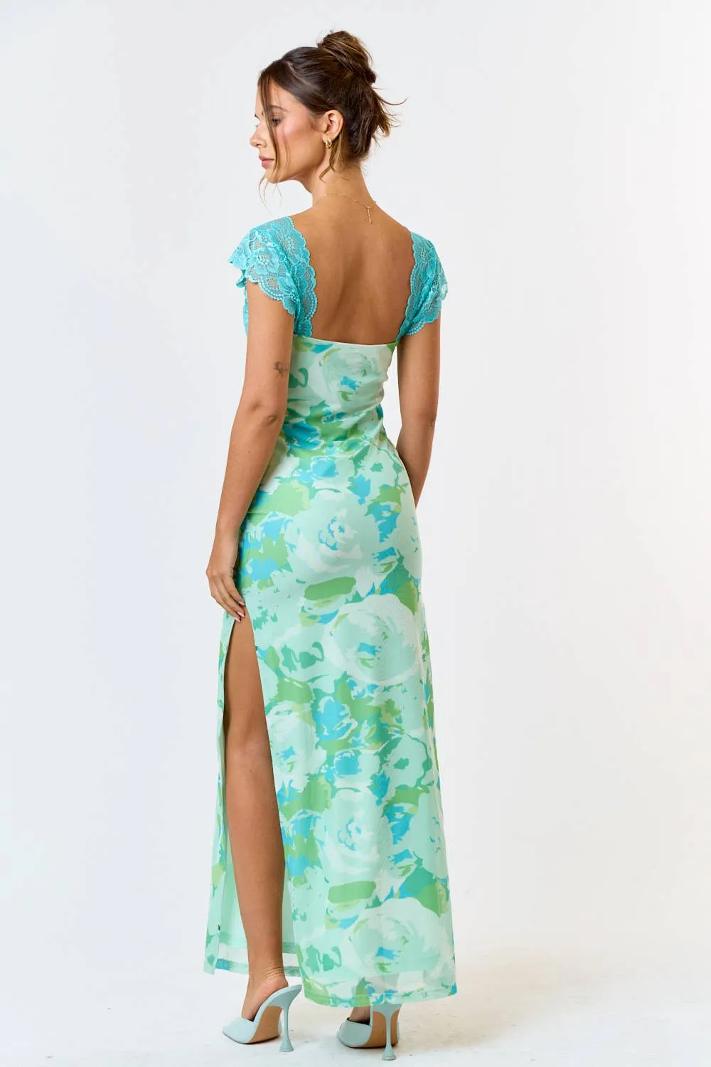 Mesh Floral  Print Lace Detail Side Slit Maxi Dress