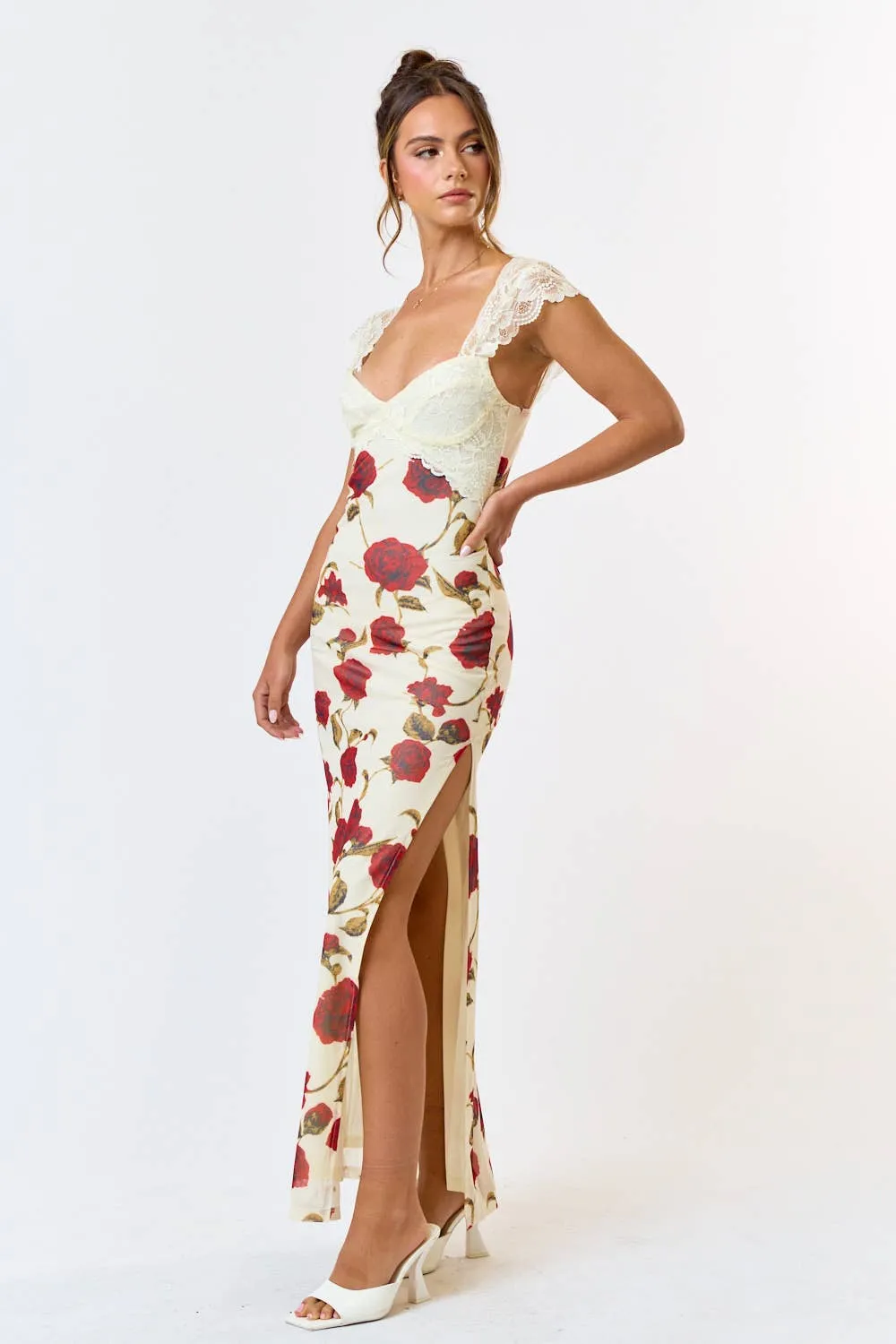 Mesh Floral  Print Lace Detail Side Slit Maxi Dress