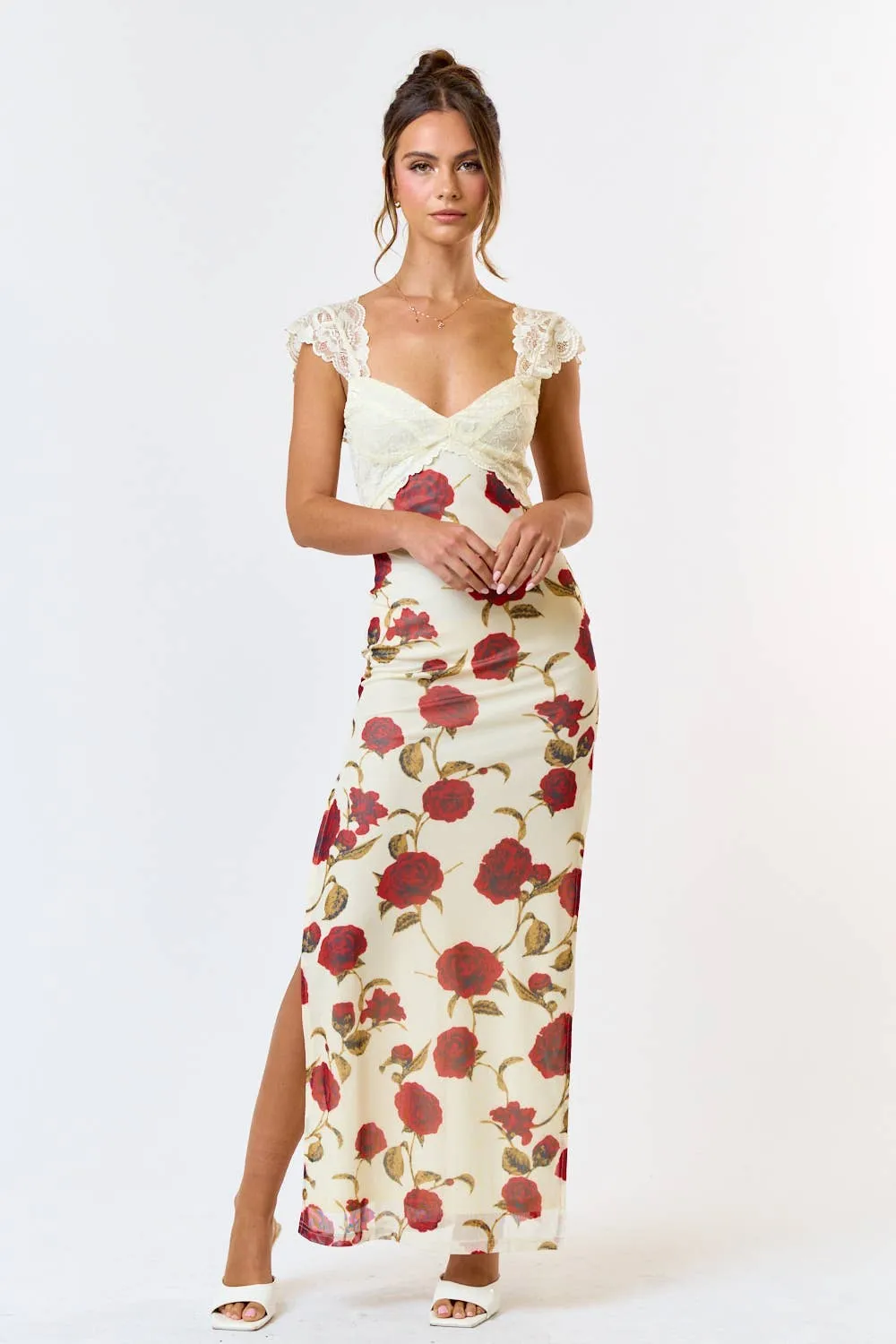 Mesh Floral  Print Lace Detail Side Slit Maxi Dress