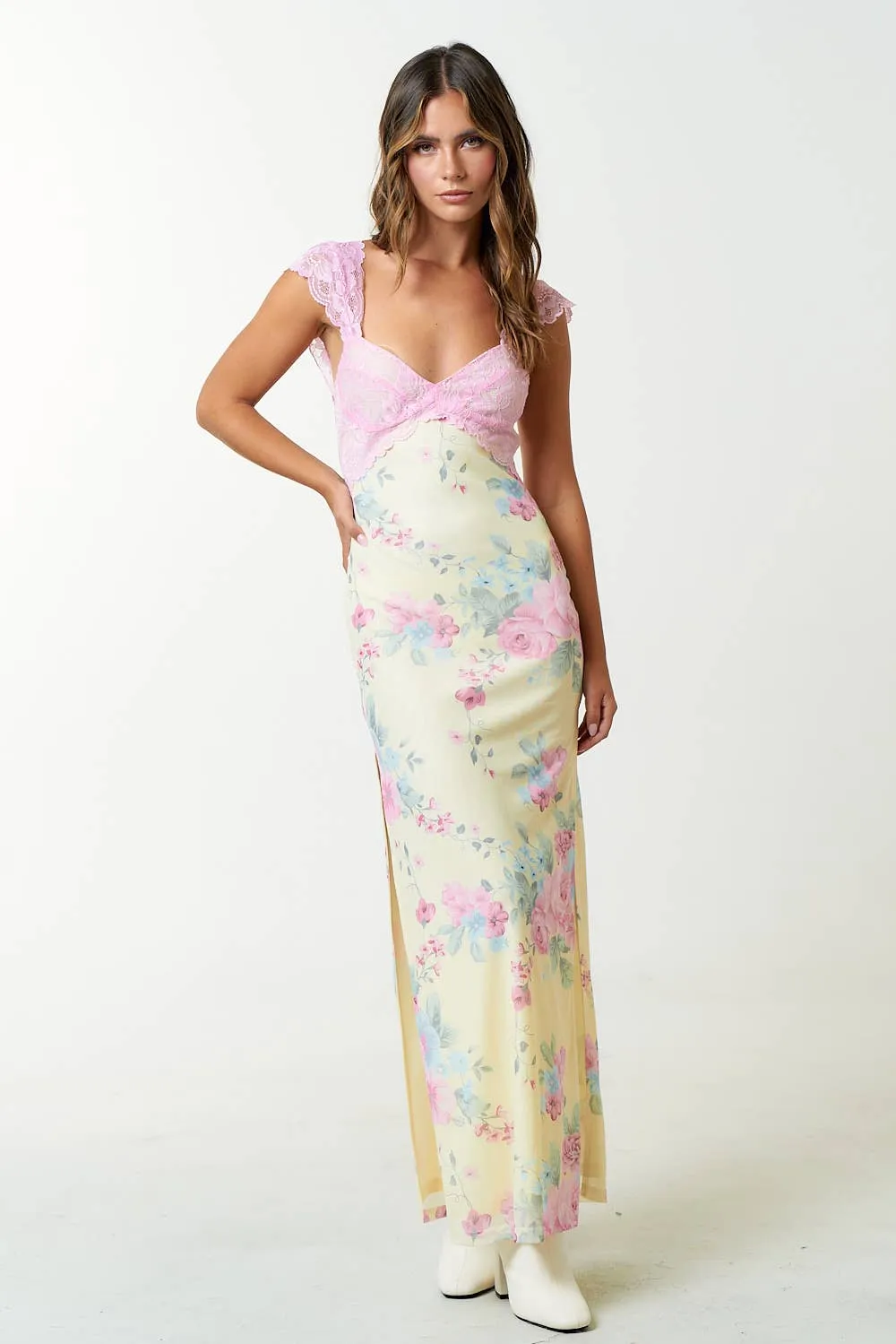 Mesh Floral  Print Lace Detail Side Slit Maxi Dress