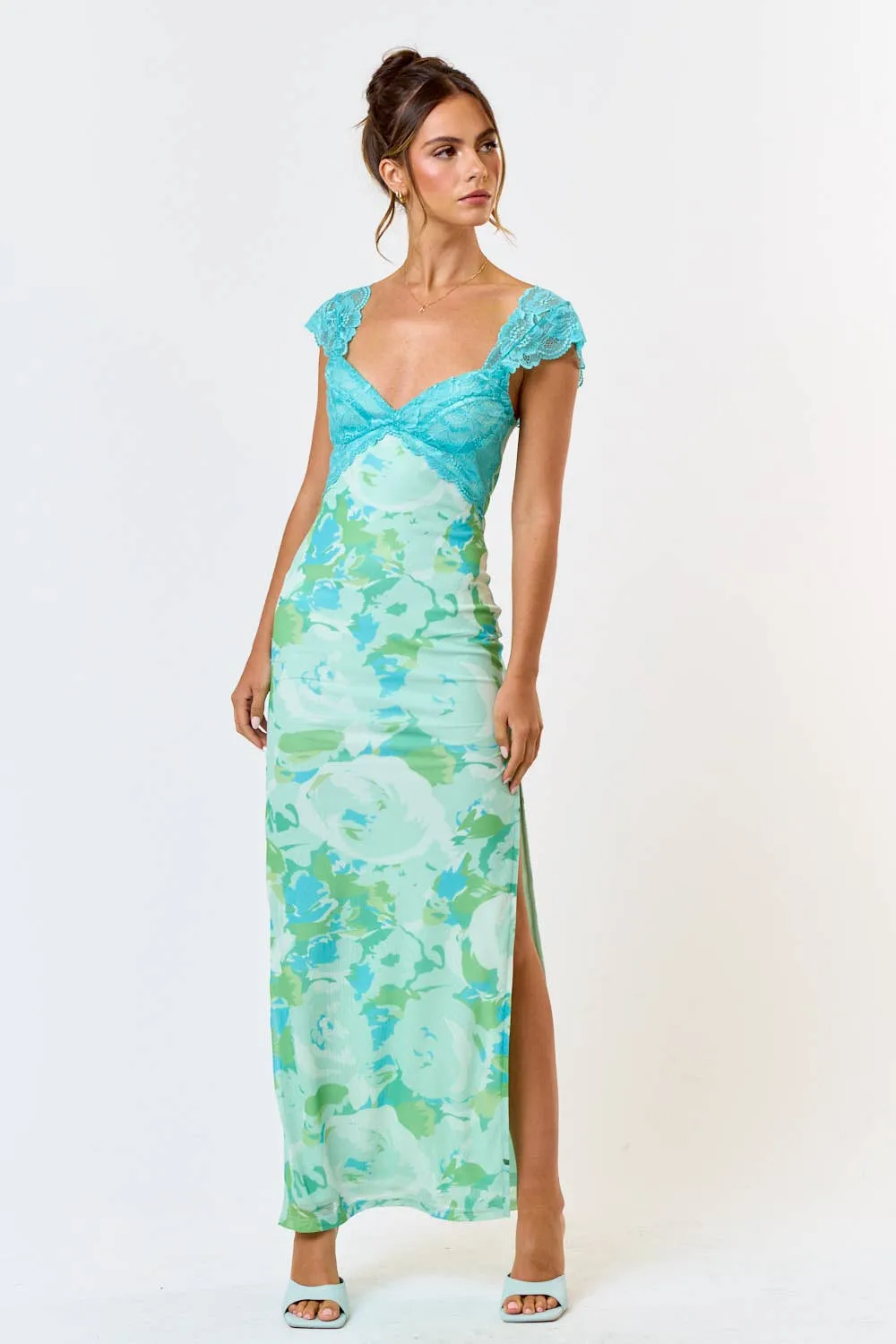 Mesh Floral  Print Lace Detail Side Slit Maxi Dress
